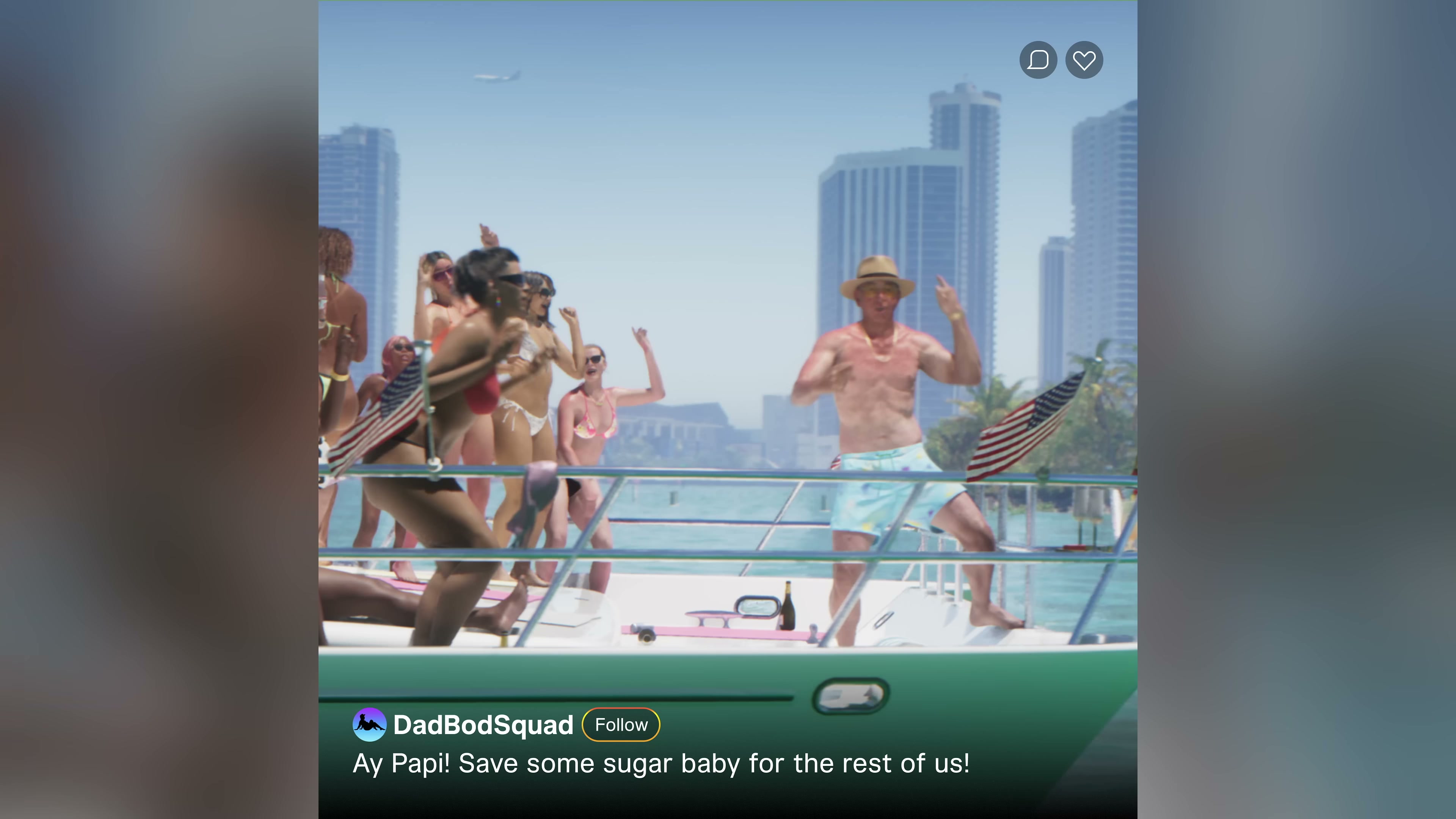 A fictional in-game social media post showing a man dancing on a yacht, captioned by user 'DadBodSquad'.