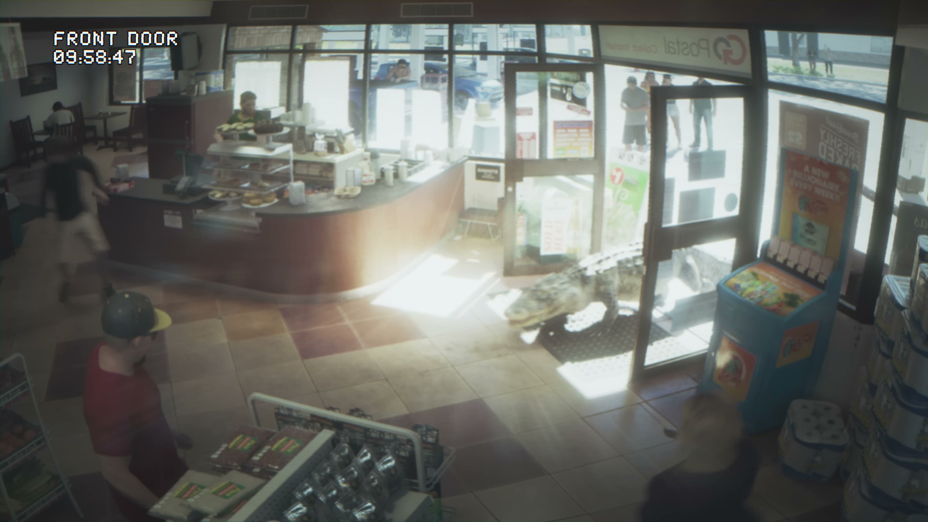 Surveillance camera footage timestamped 09:58:47 showing an alligator walking into a convenience store as patrons react.