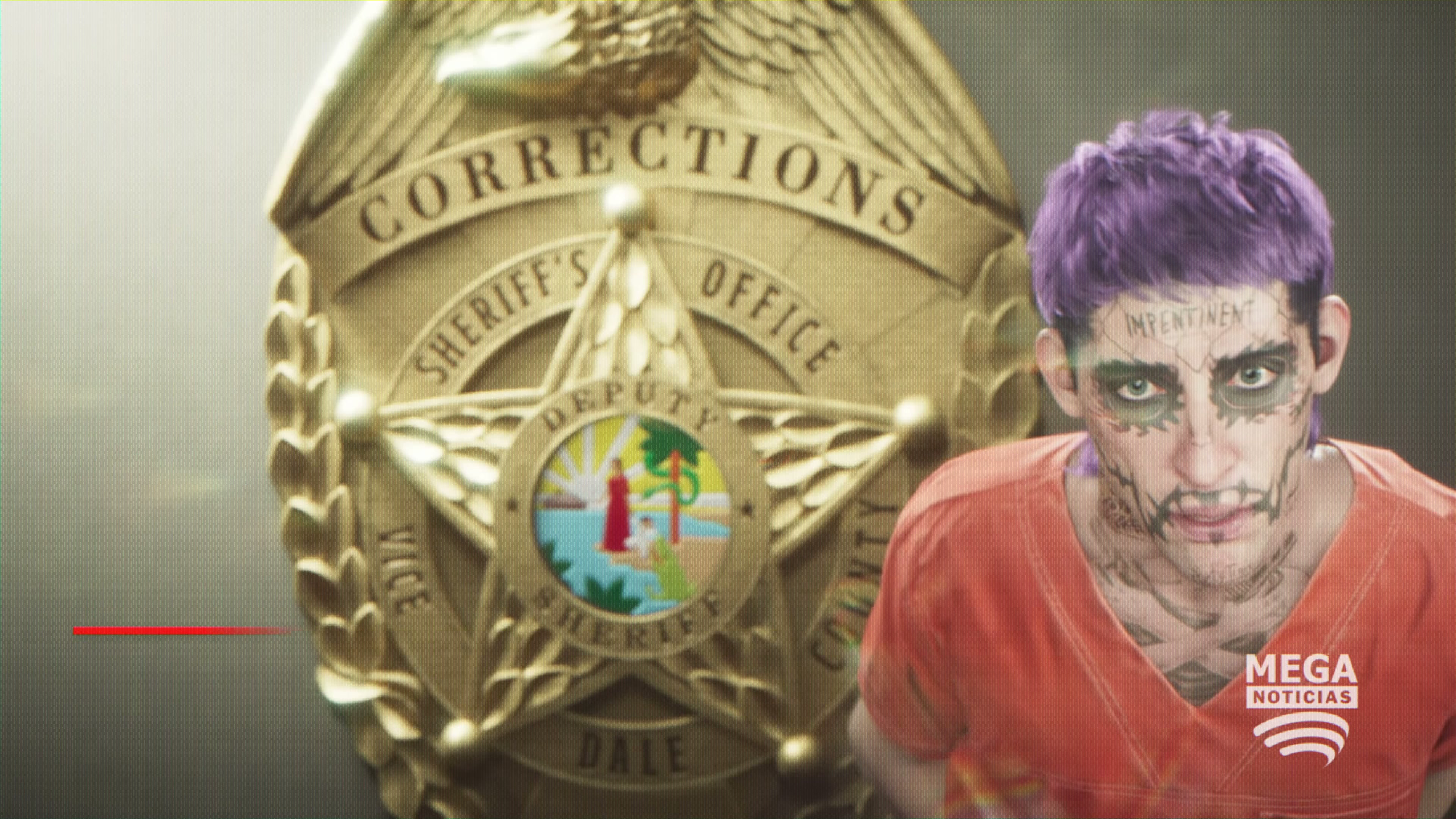 Mega Noticias news broadcast showing a face-tattooed inmate mugshot beside a Vice County Sheriff's badge