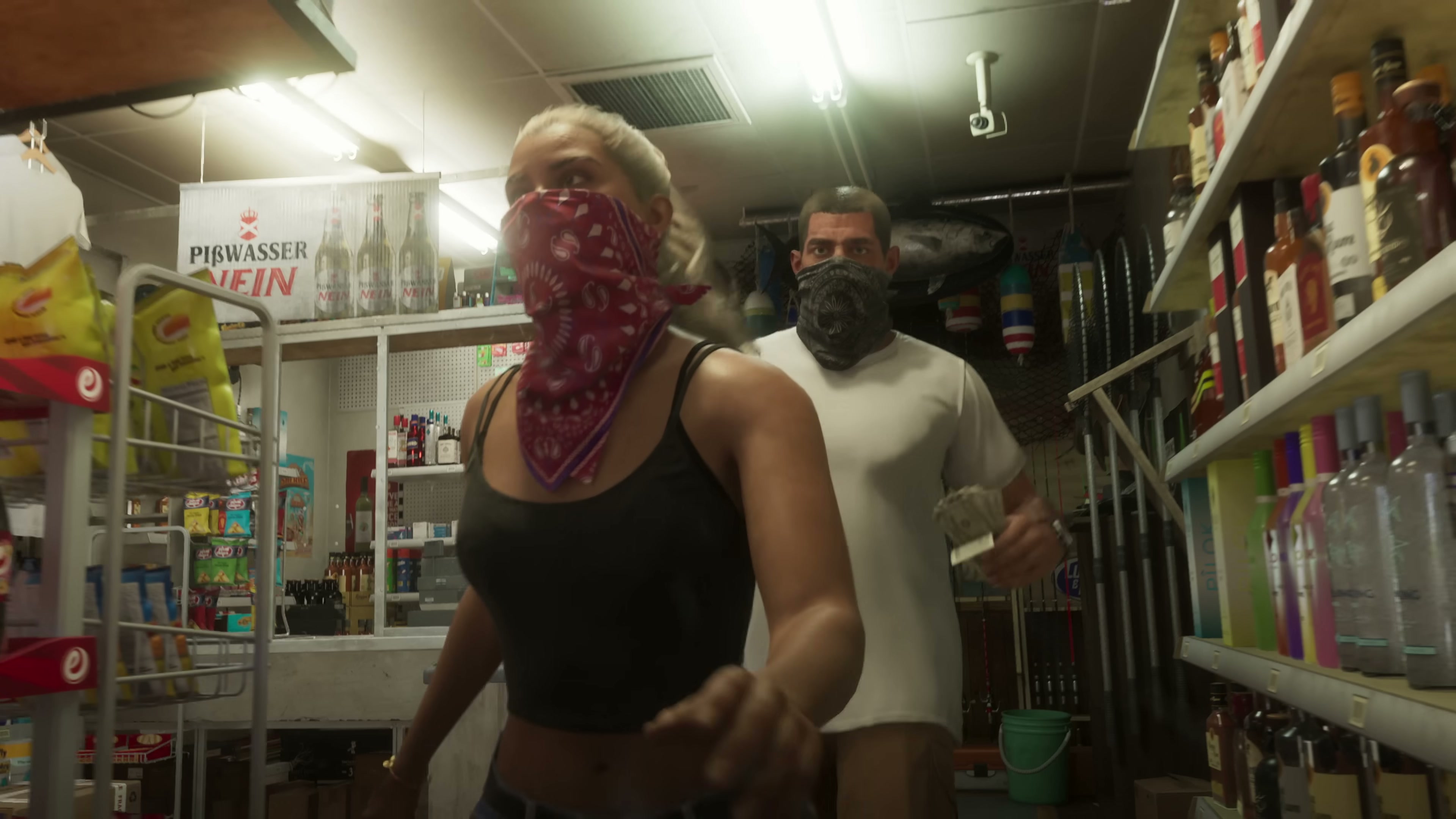 Lucia and Jason robbing a convenience store, both masked