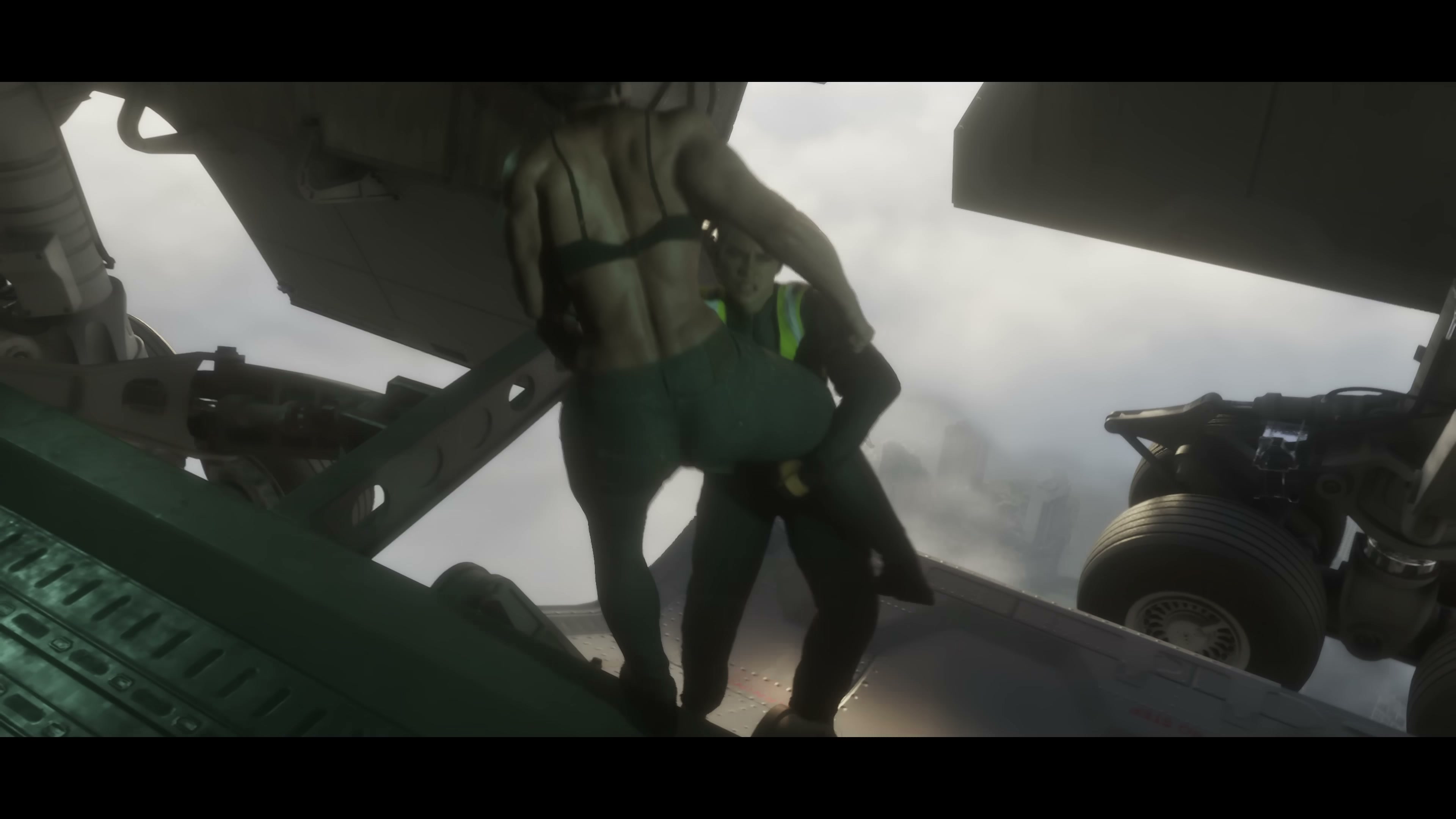 Two figures standing on the open rear ramp of a military-style cargo aircraft in Trailer 2